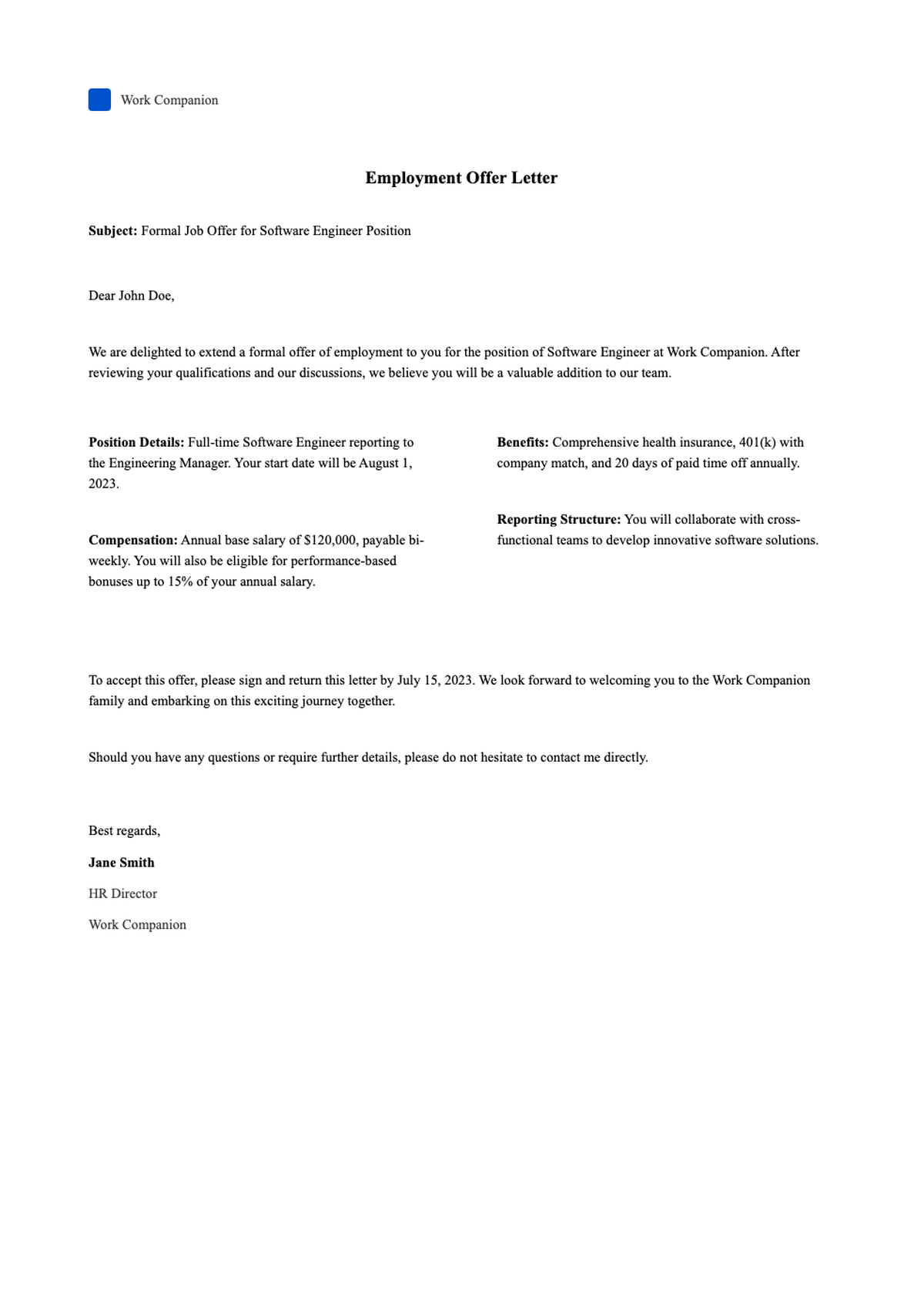 Professional job offer letter email template with placeholder fields_variant_1